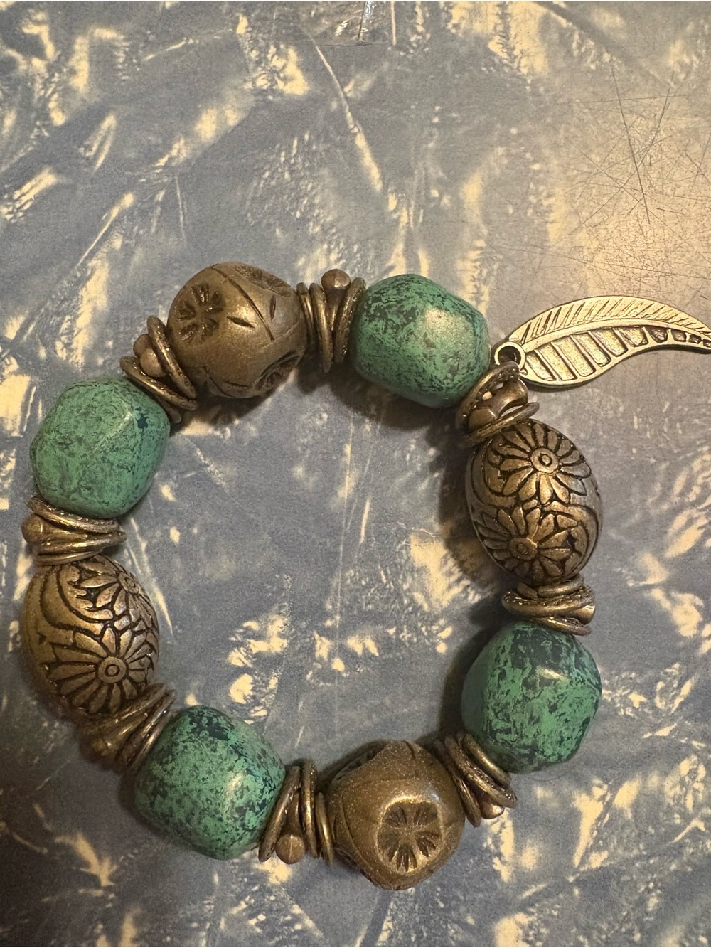 Chunky Turquoise and Antique Style Bead Stretch Bracelet with Feather Charm